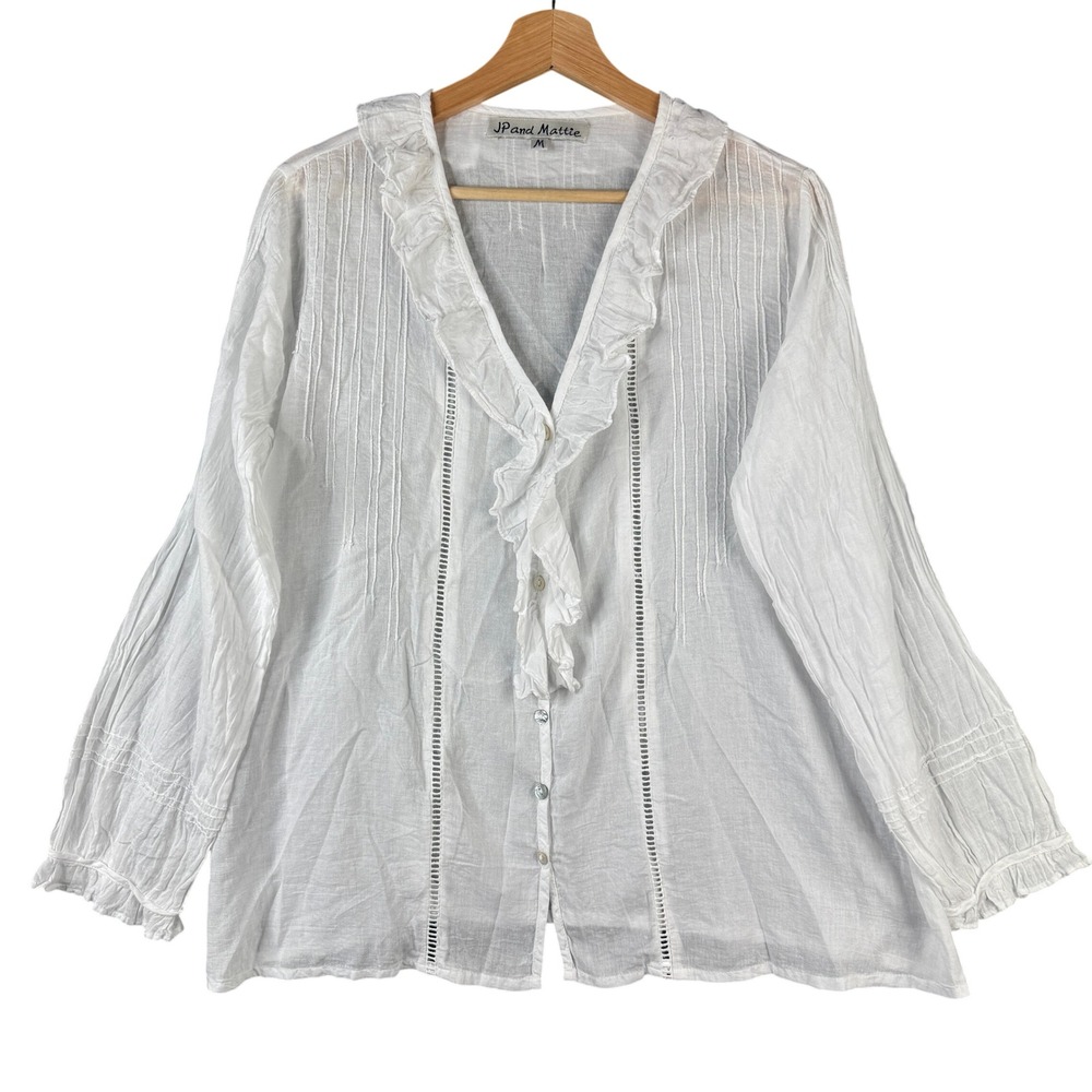 JP and Mattie White Cotton Ruffle Pintuck Boho Peasant Blouse Top Medium